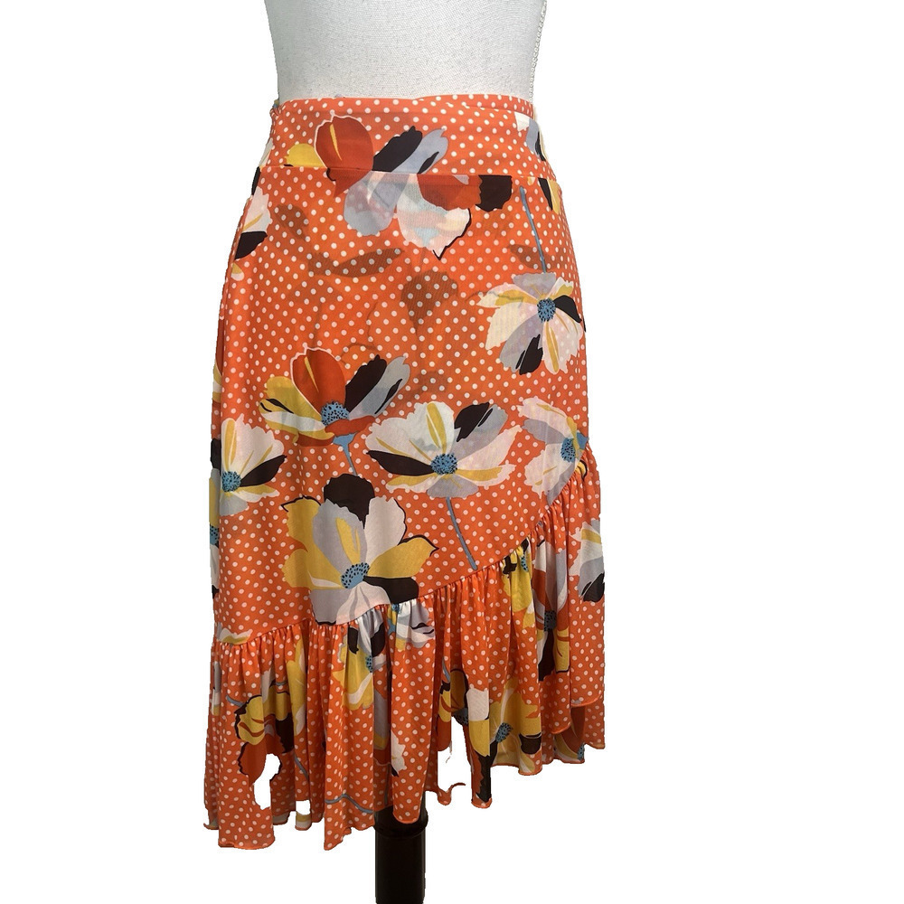 CABI Skirt size Extra Small Orange Yellow Floral Knee Wrap Ruffle Wedding Cruise